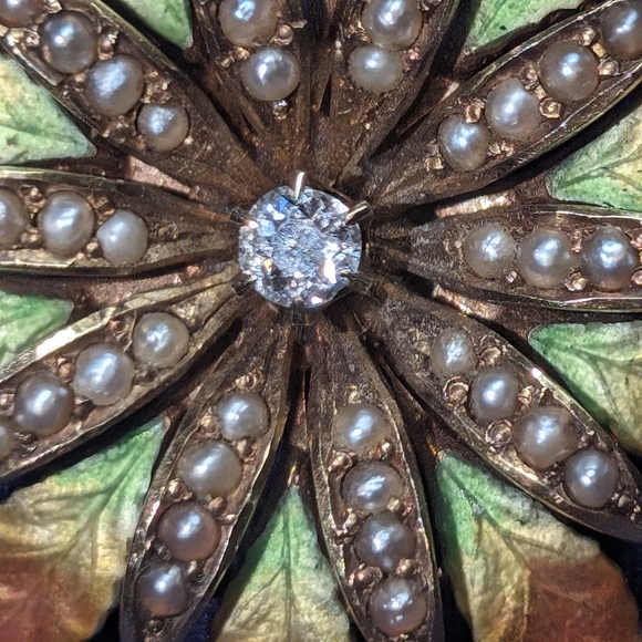 Antique Edwardian 14K Gold Enamel Diamond Seed Pearl Flower Pendant Brooch 1" - Picture 7 of 11
